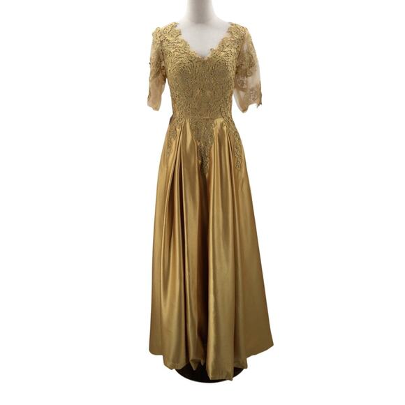 FORMAL 12 L gold mother of bride satin lace sleeves formal maxi dress NEW B112 - Picture 1 of 7